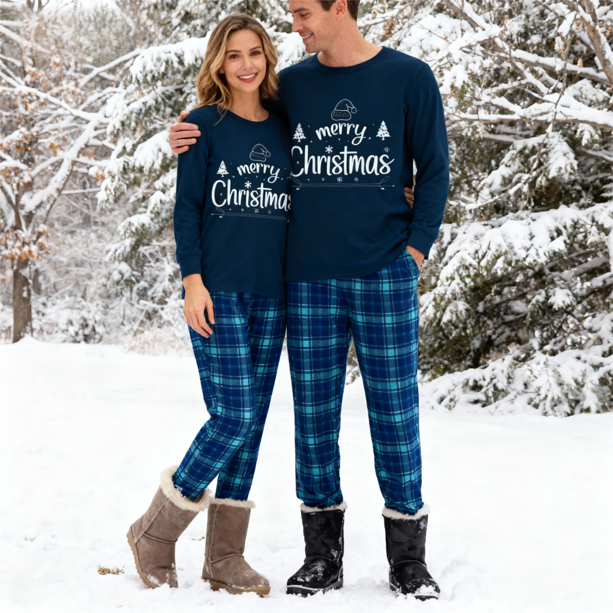 "Merry Christmas" White Letter 2026 Blue Long Sleeve Top With Blue Plaid Couple Matching Pajamas