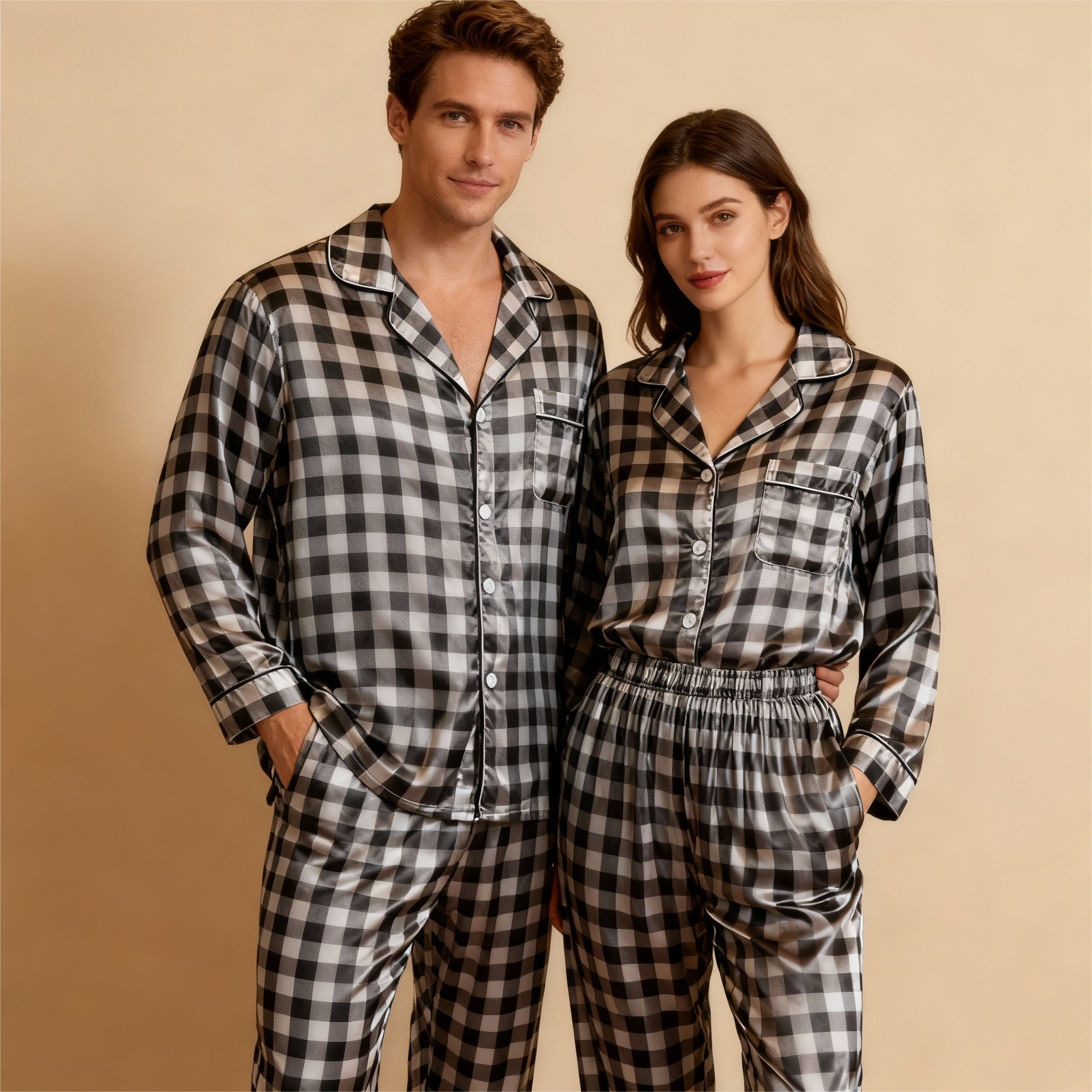 Family Button-Up Plaid Satin Pajamas Set