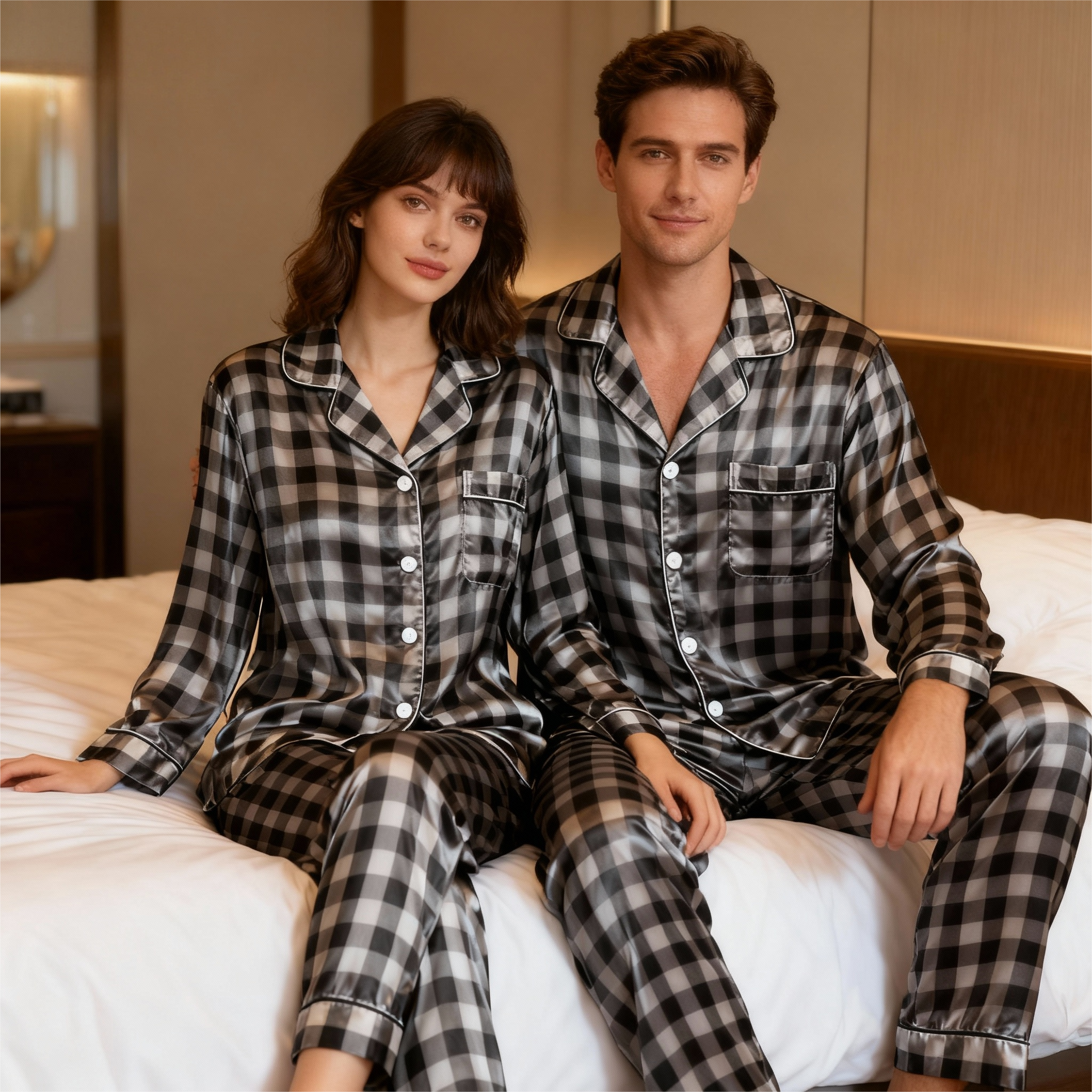Family Button-Up Plaid Satin Pajamas Set