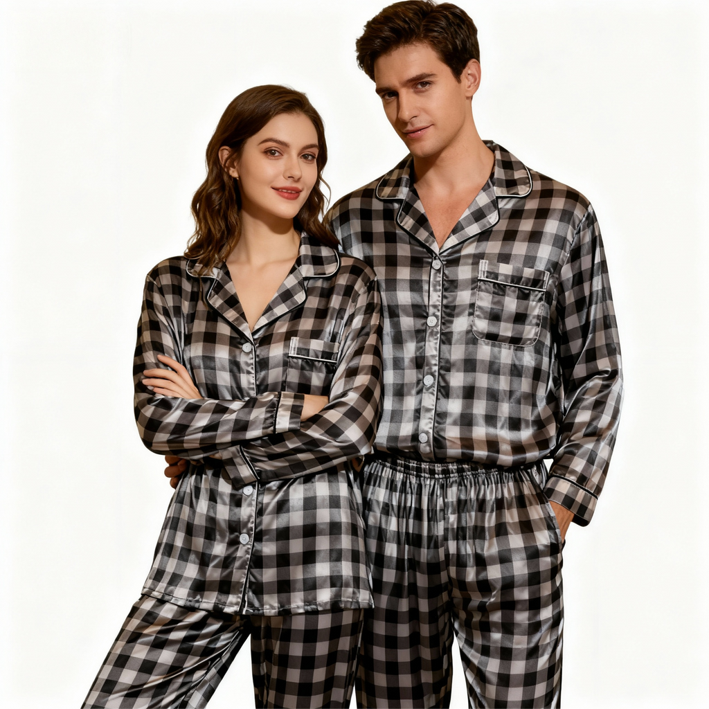 Family Button-Up Plaid Satin Pajamas Set