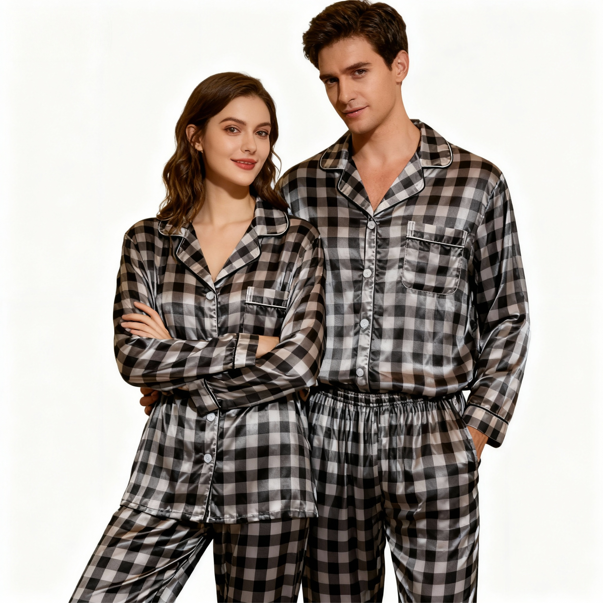 Family Button-Up Plaid Satin Pajamas Set