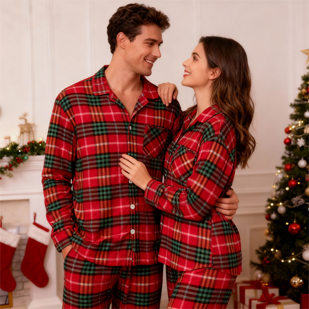 Festive Red and Green Plaid Button-Up Pajamas Set for Couple