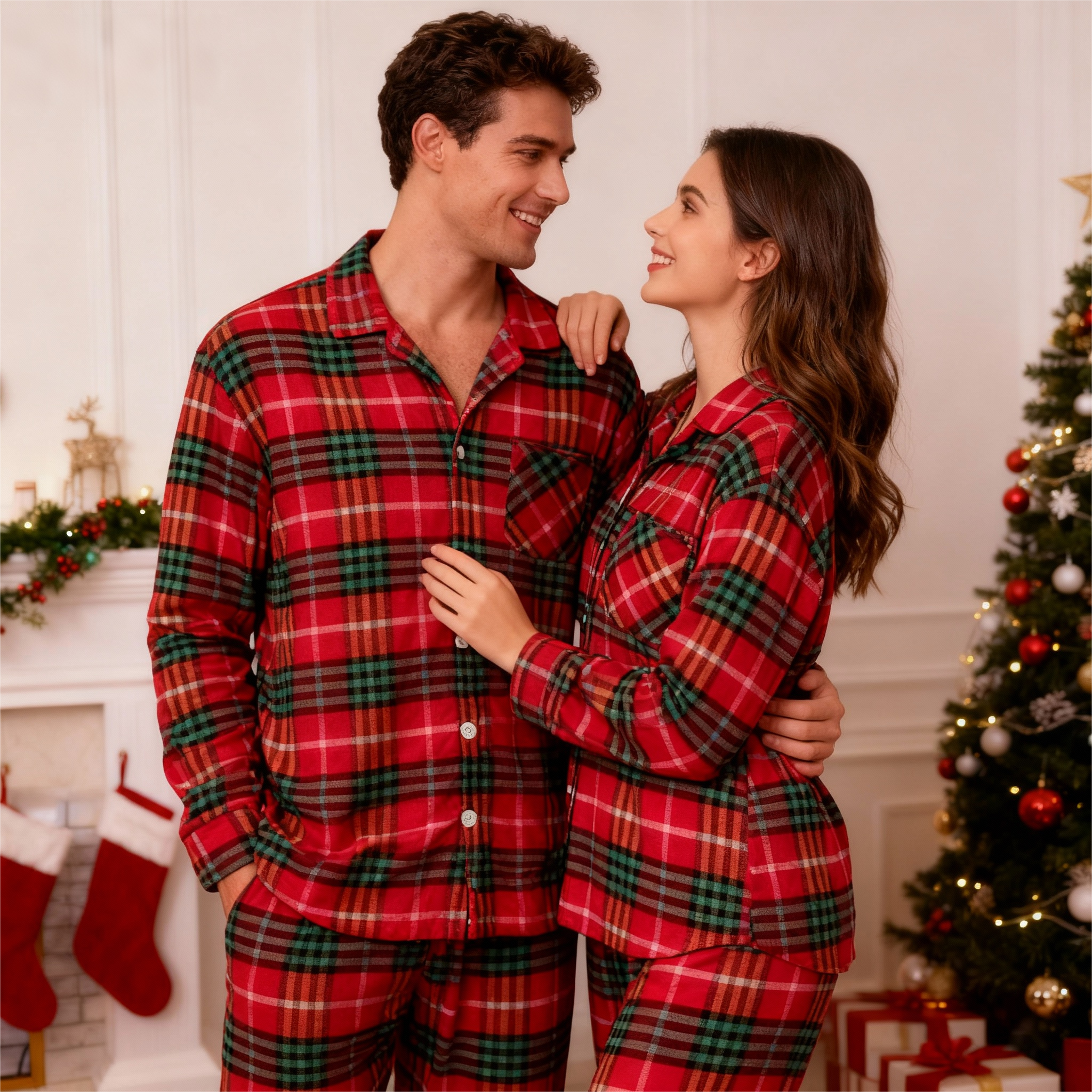 Festive Red and Green Plaid Button-Up Pajamas Set for Couple