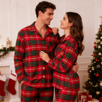 Festive Red and Green Plaid Button-Up Pajamas Set for Family