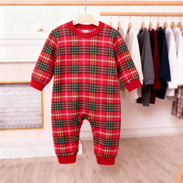 Holiday Pajamas Set for Whole Family –  Button-Front Gray Tee with Plaid Pants