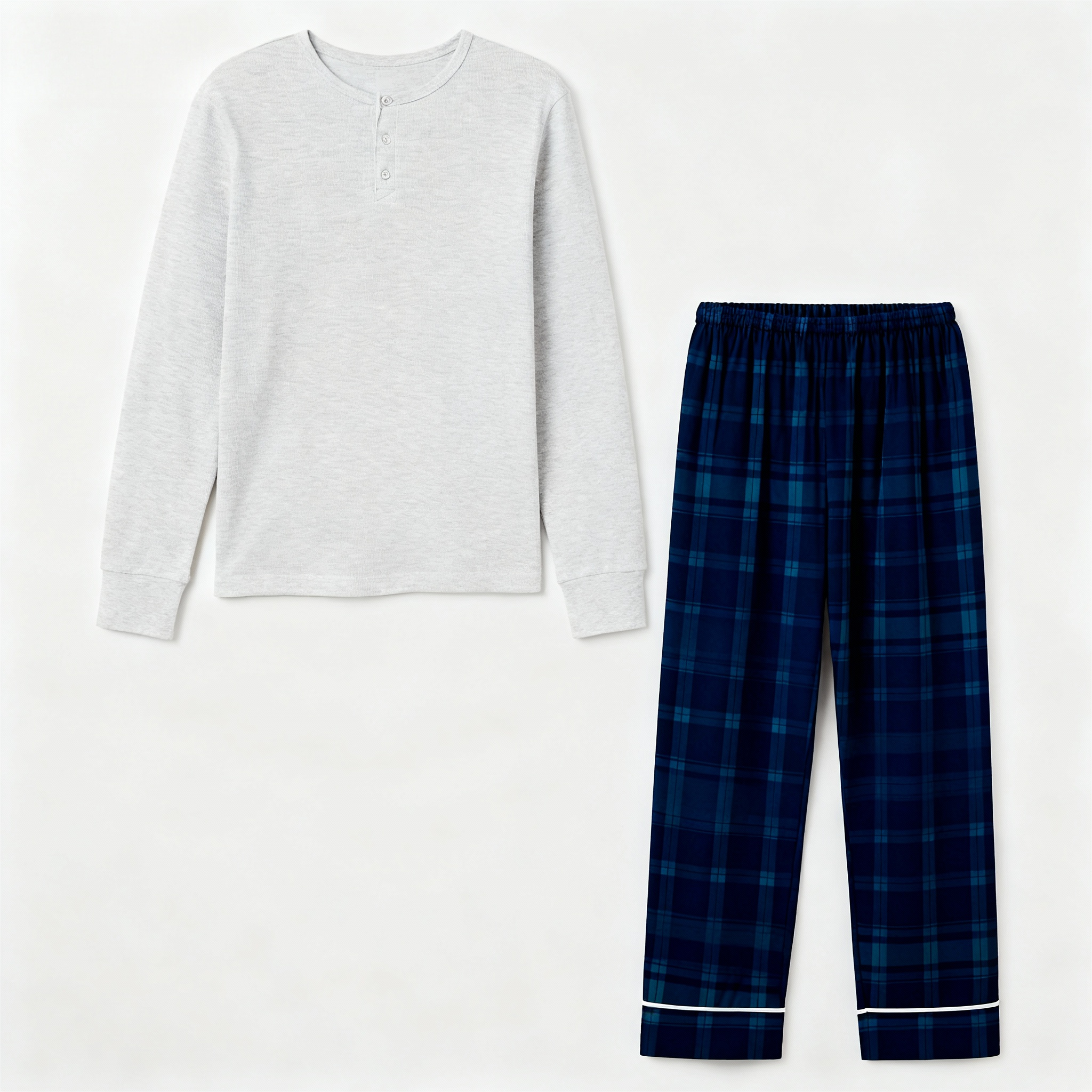 Family Matching Pajama Set – Gray Button-Neck Tee & Plaid Pants