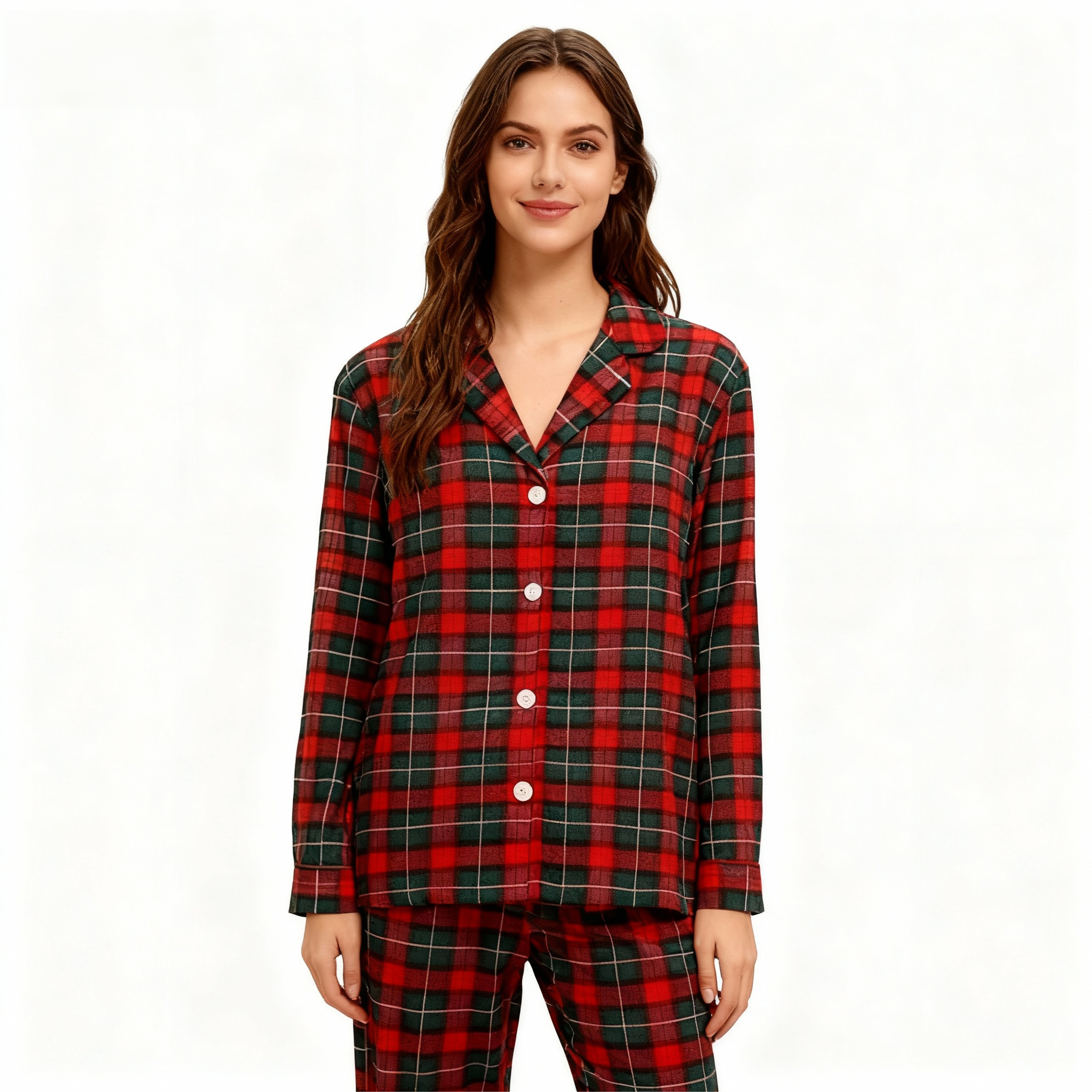 Christmas Red and Green Plaid Button Up Couple Pajamas Sets