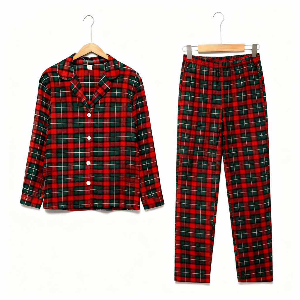 Christmas Red and Green Plaid Button Up Couple Pajamas Sets