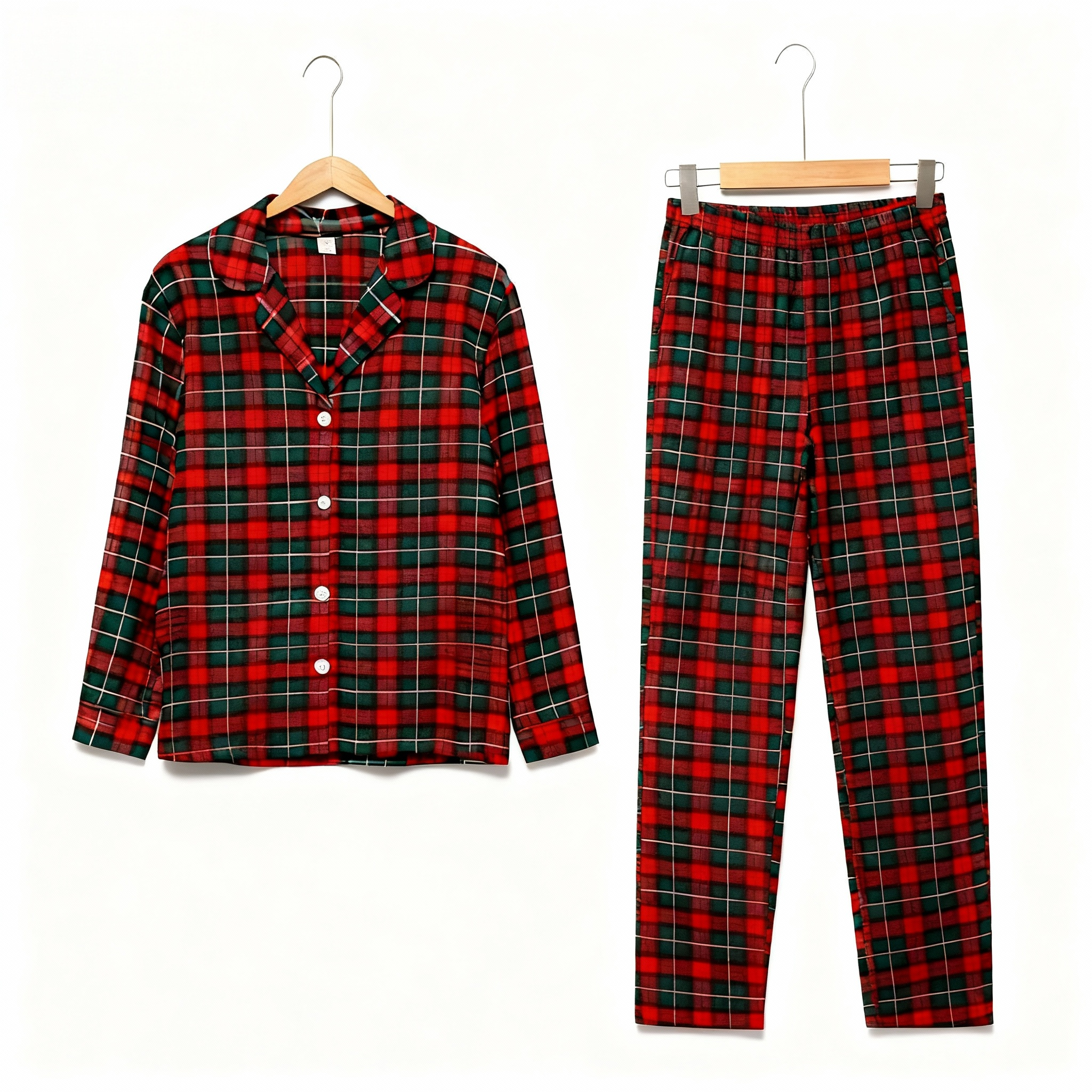 Christmas Red and Green Plaid Button Up Couple Pajamas Sets