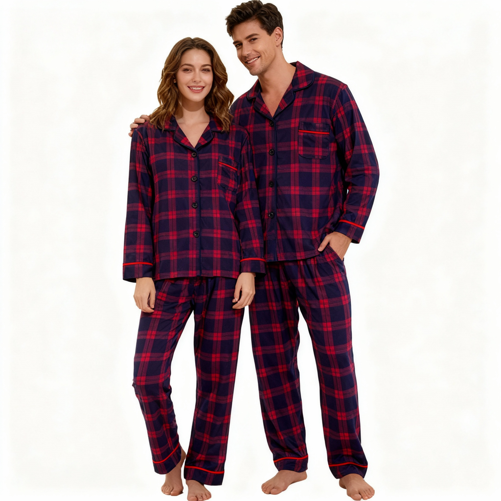 Holiday Family Button-down Christmas Blue and Red Plaid Pajamas Set
