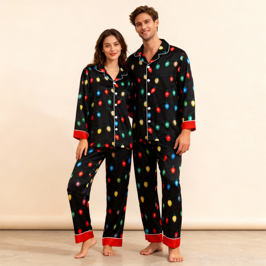 Holiday Family Button-down Satin Christmas Pajamas Set