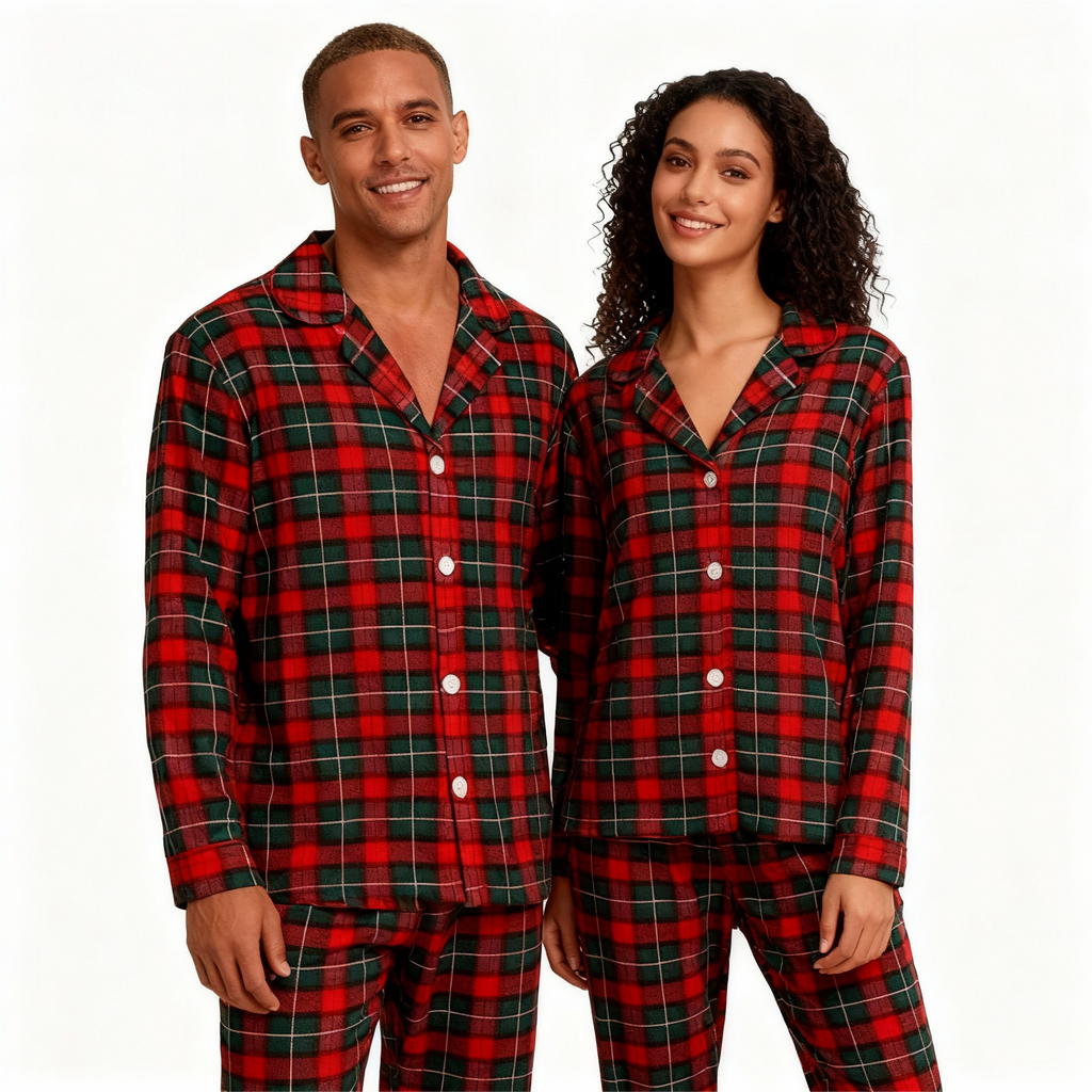 Christmas Red and Green Plaid Button Up Couple Pajamas Sets