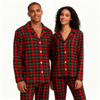 Christmas Red and Green Plaid Button Up Couple Pajamas Sets