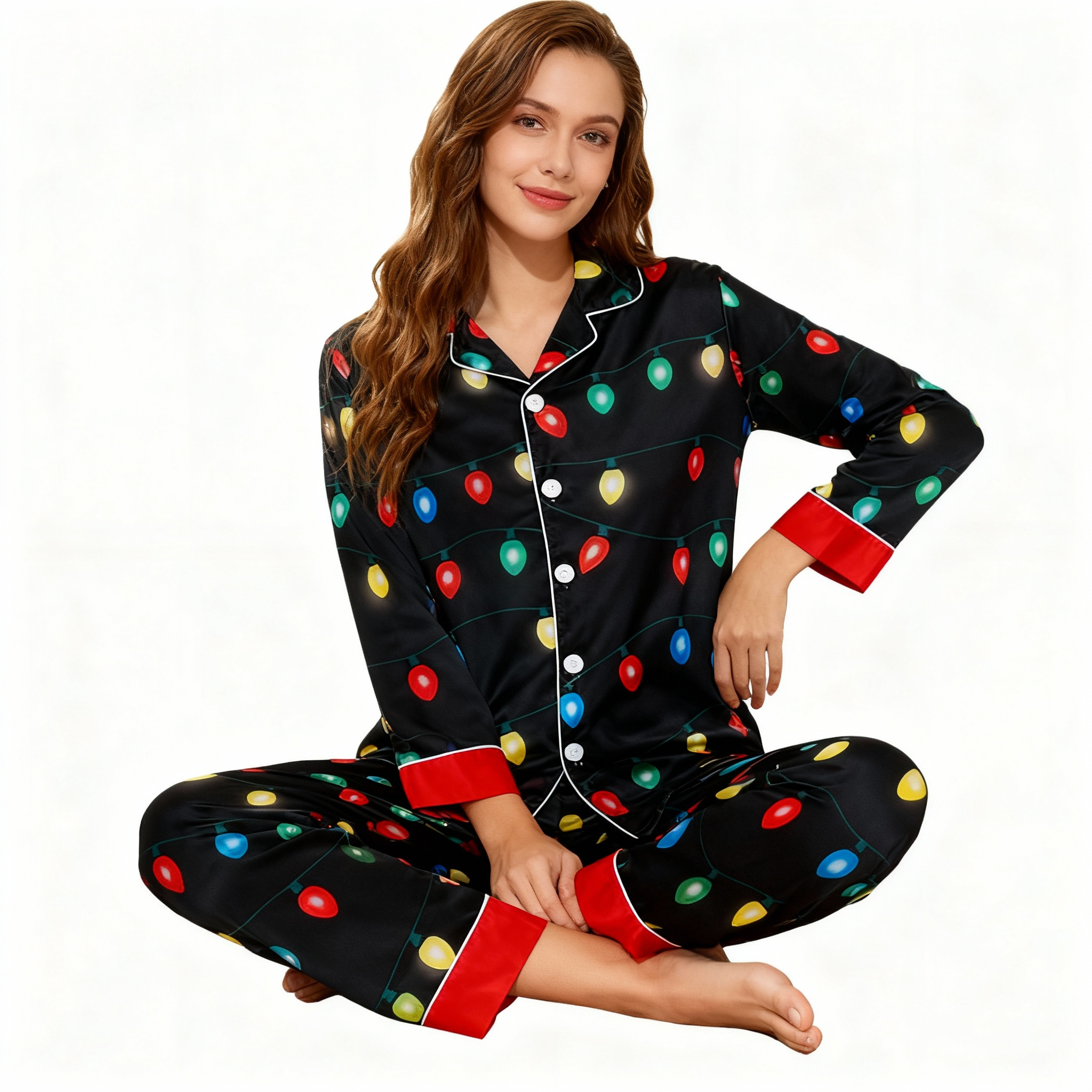 Holiday Couple Button-down Satin Christmas Pajamas Set