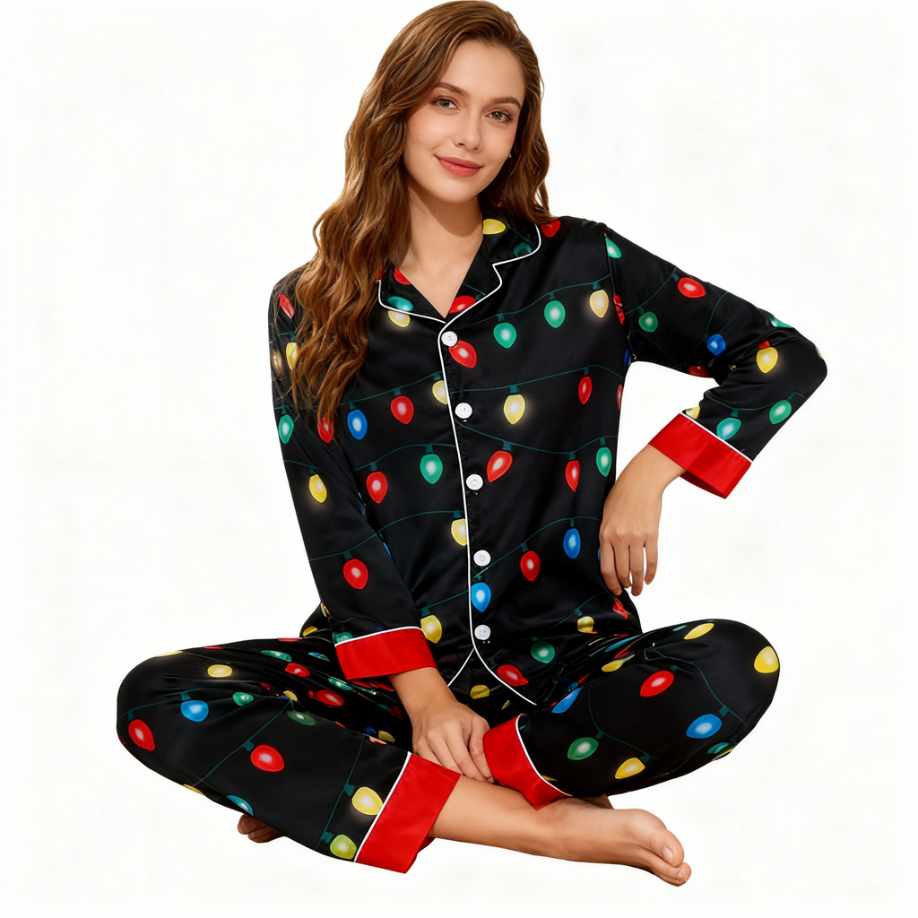 Holiday Family Button-down Satin Christmas Pajamas Set