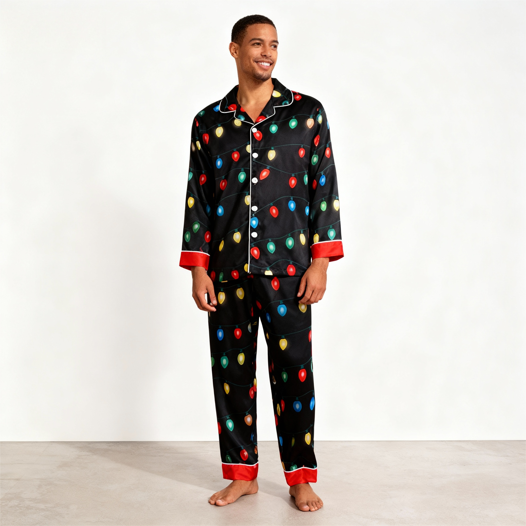 Holiday Couple Button-down Satin Christmas Pajamas Set
