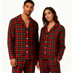Christmas Red and Green Plaid Button Up Couple Pajamas Sets