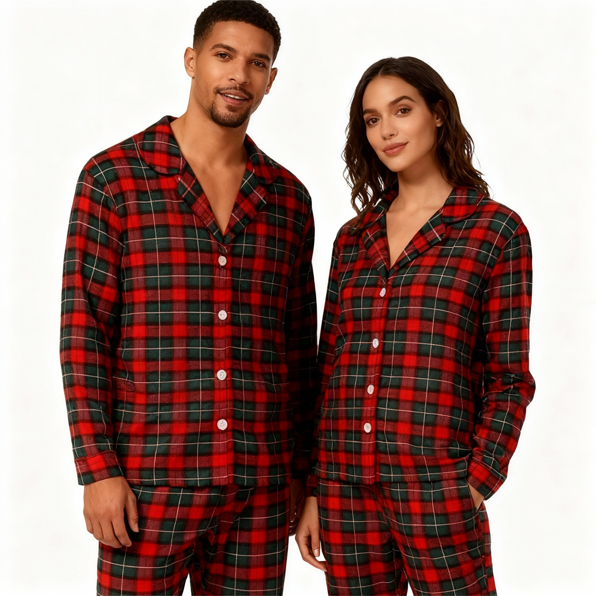 Christmas Red and Green Plaid Button Up Couple Pajamas Sets