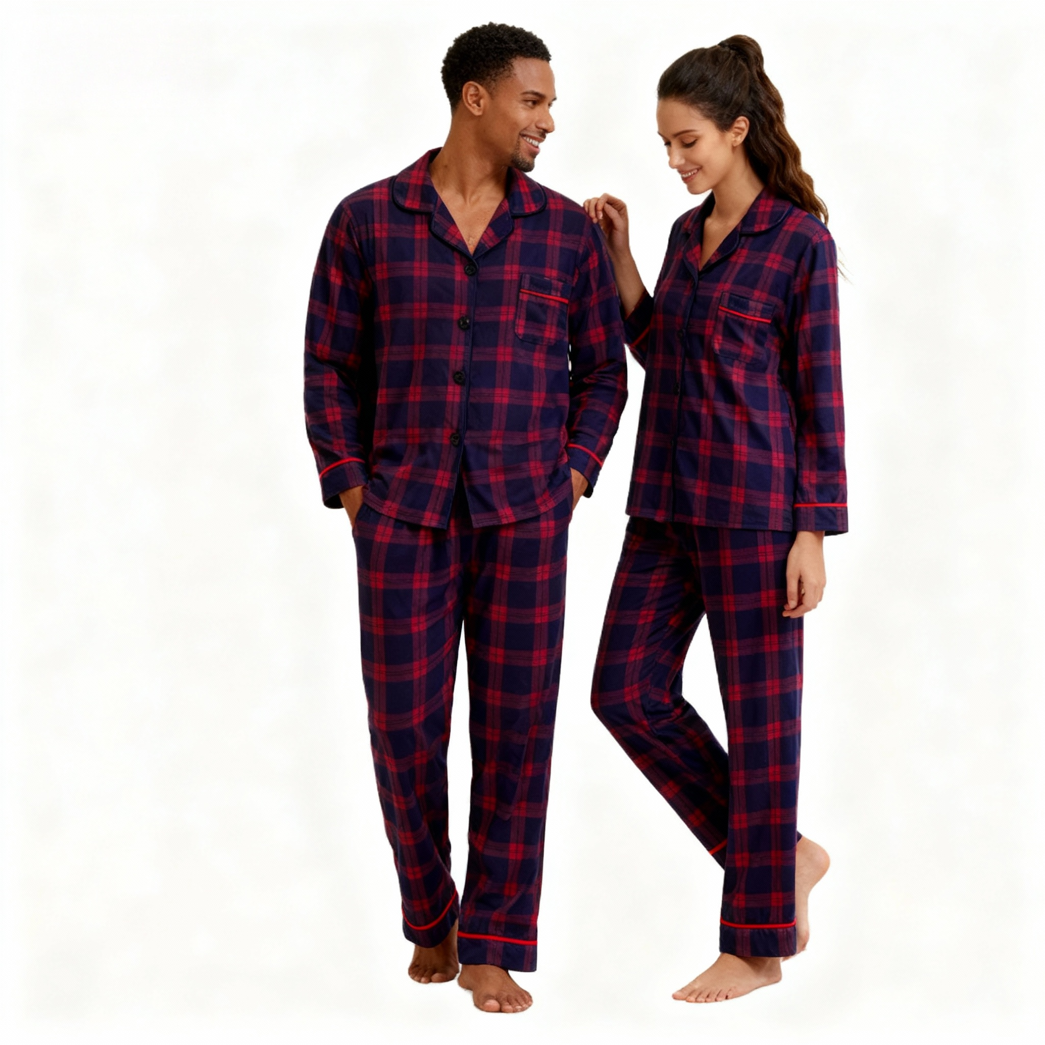 Holiday Couple Button-down Christmas Blue and Red Plaid Pajamas Set