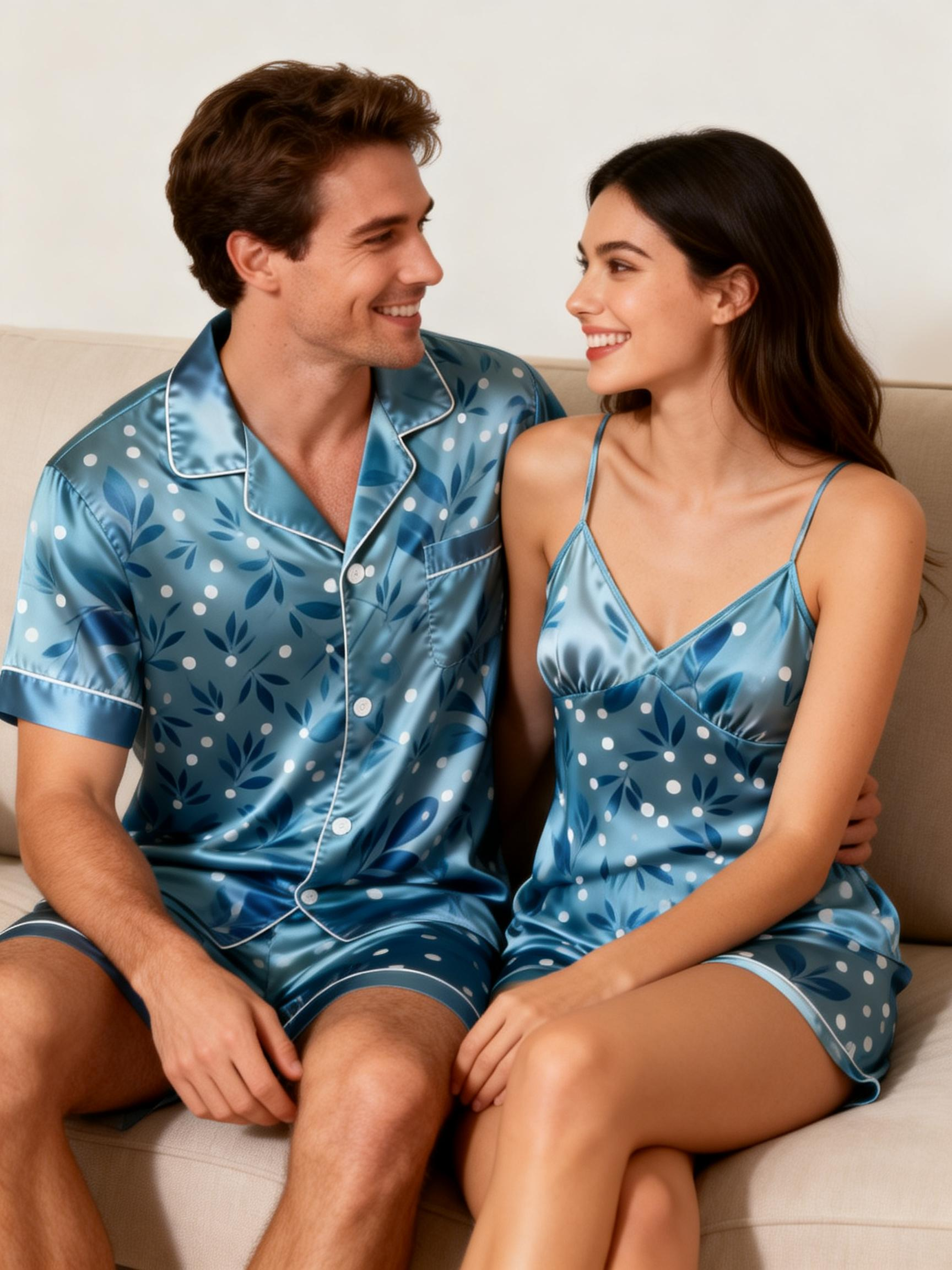 Couple Pajamas for Beach Holidays ¨C Satin Short Style
