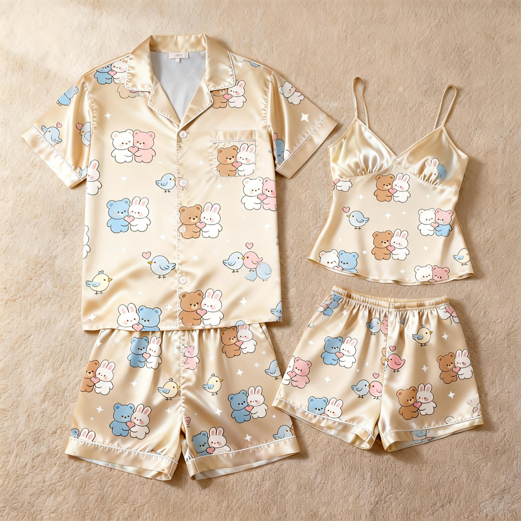 Premium Satin Fabric Couple Pajamas Short Set