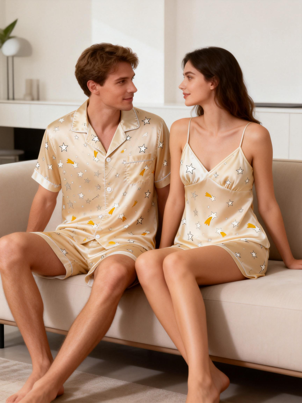 Intimate Couple Matching Pajamas: Classic Satin Style