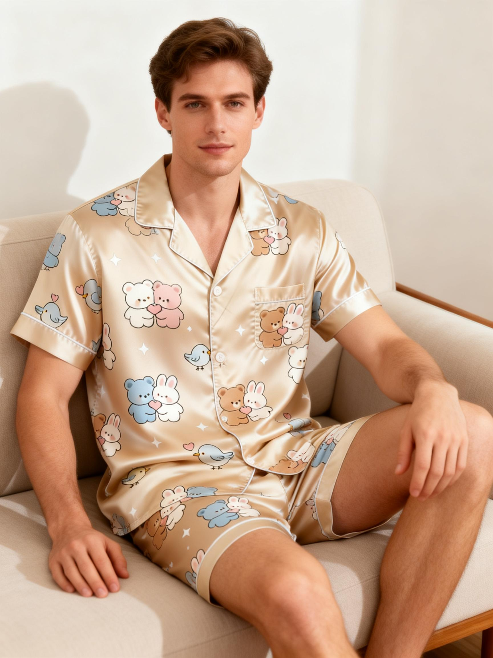 Premium Satin Fabric Couple Pajamas Short Set
