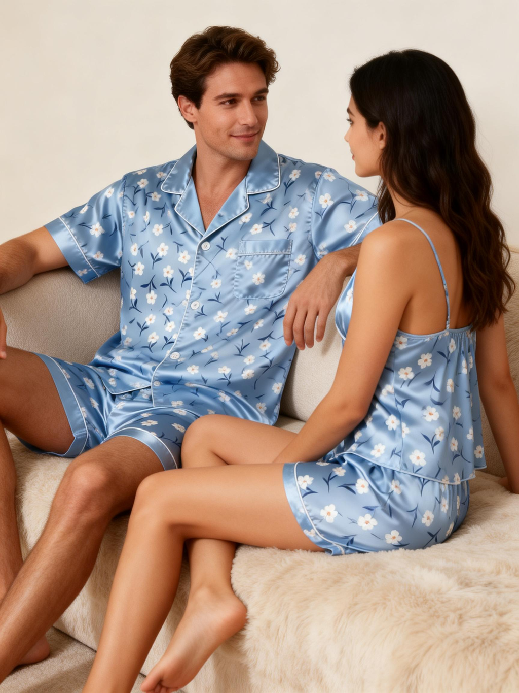 Classic Couple Satin Pajamas Short Set for a Cozy Night In
