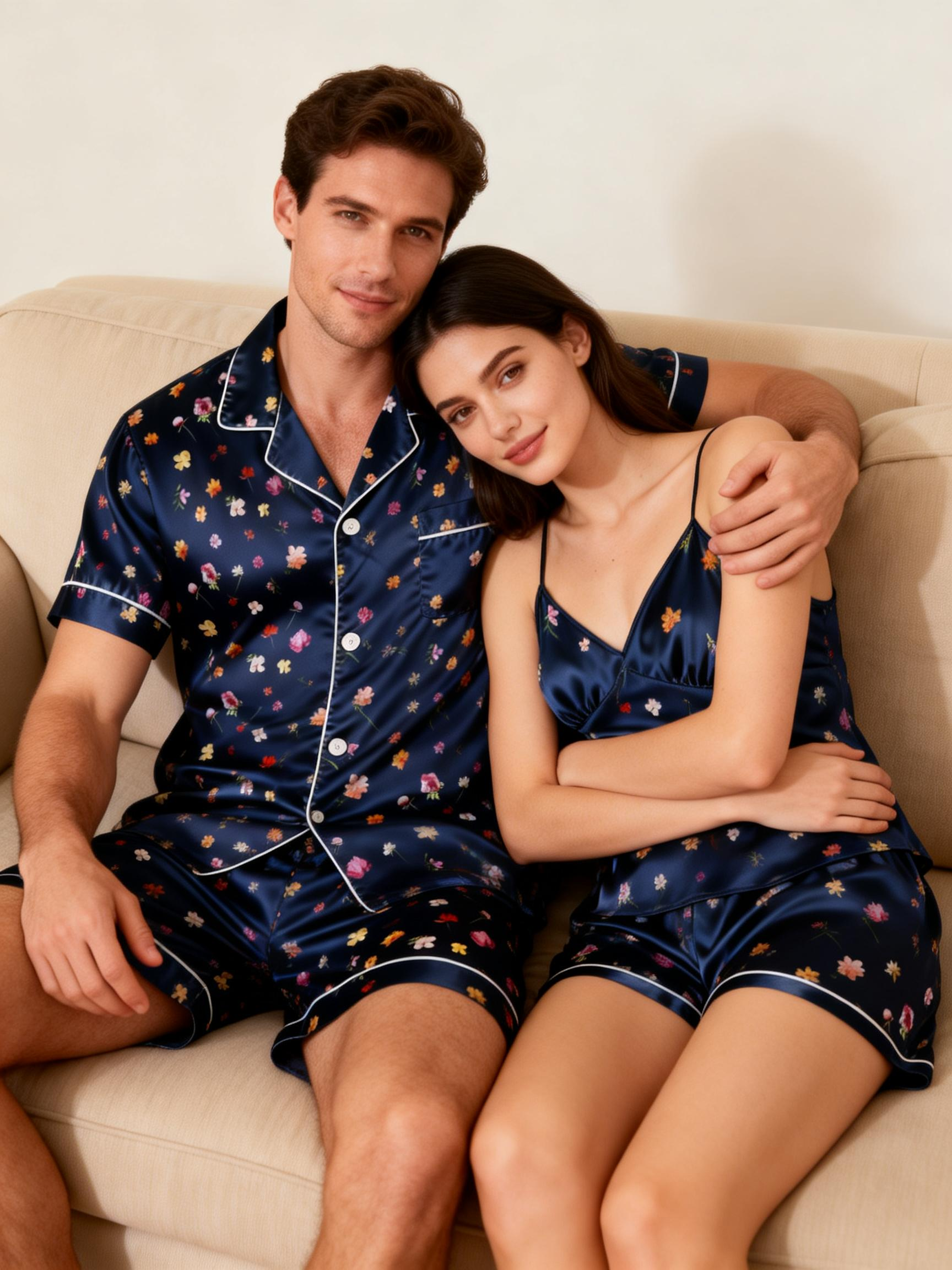 Couple's Nightwear: Classic Satin Pajamas Short Set