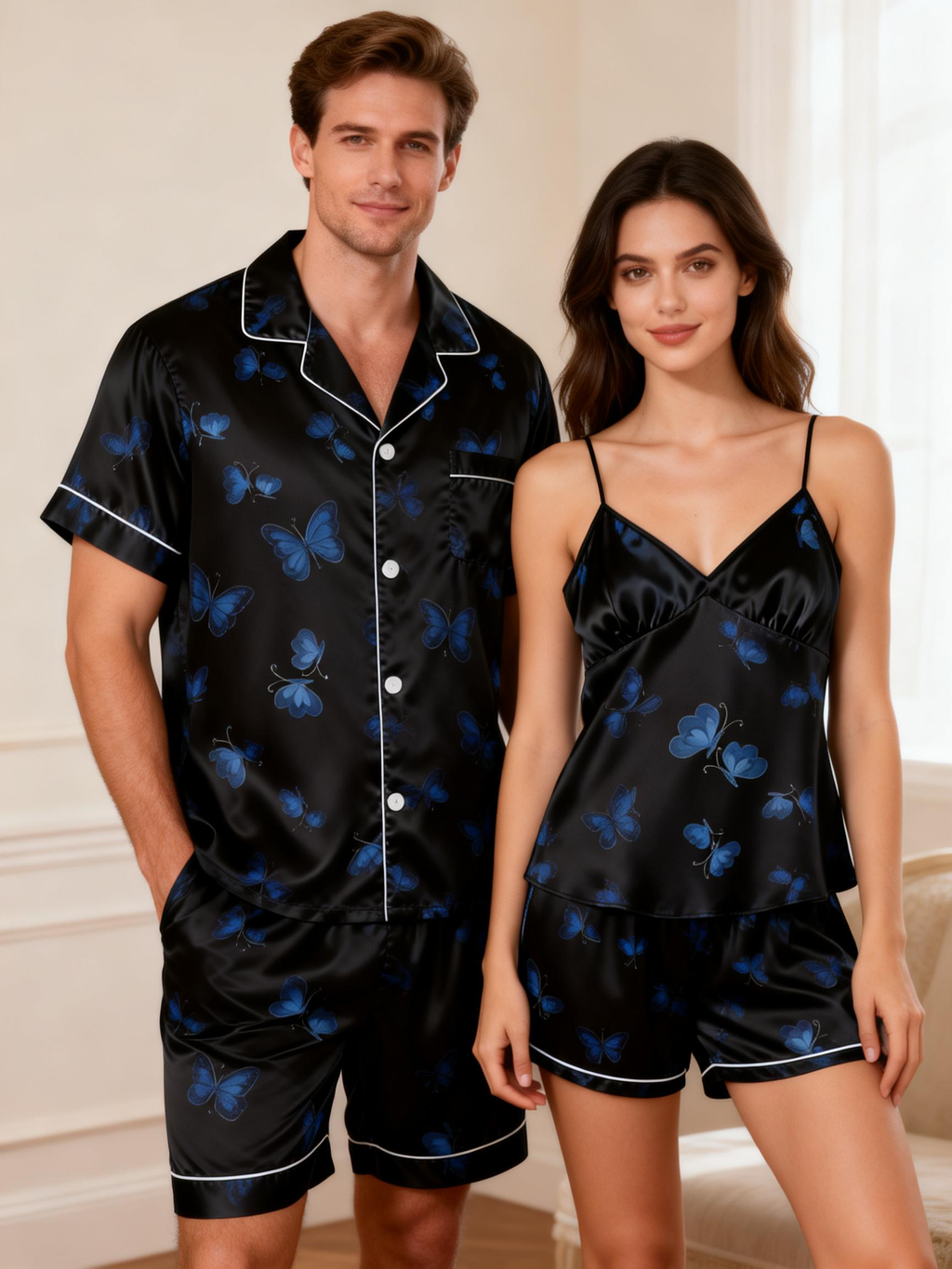 Premium Satin Couple Pajamas ¨C Short Style