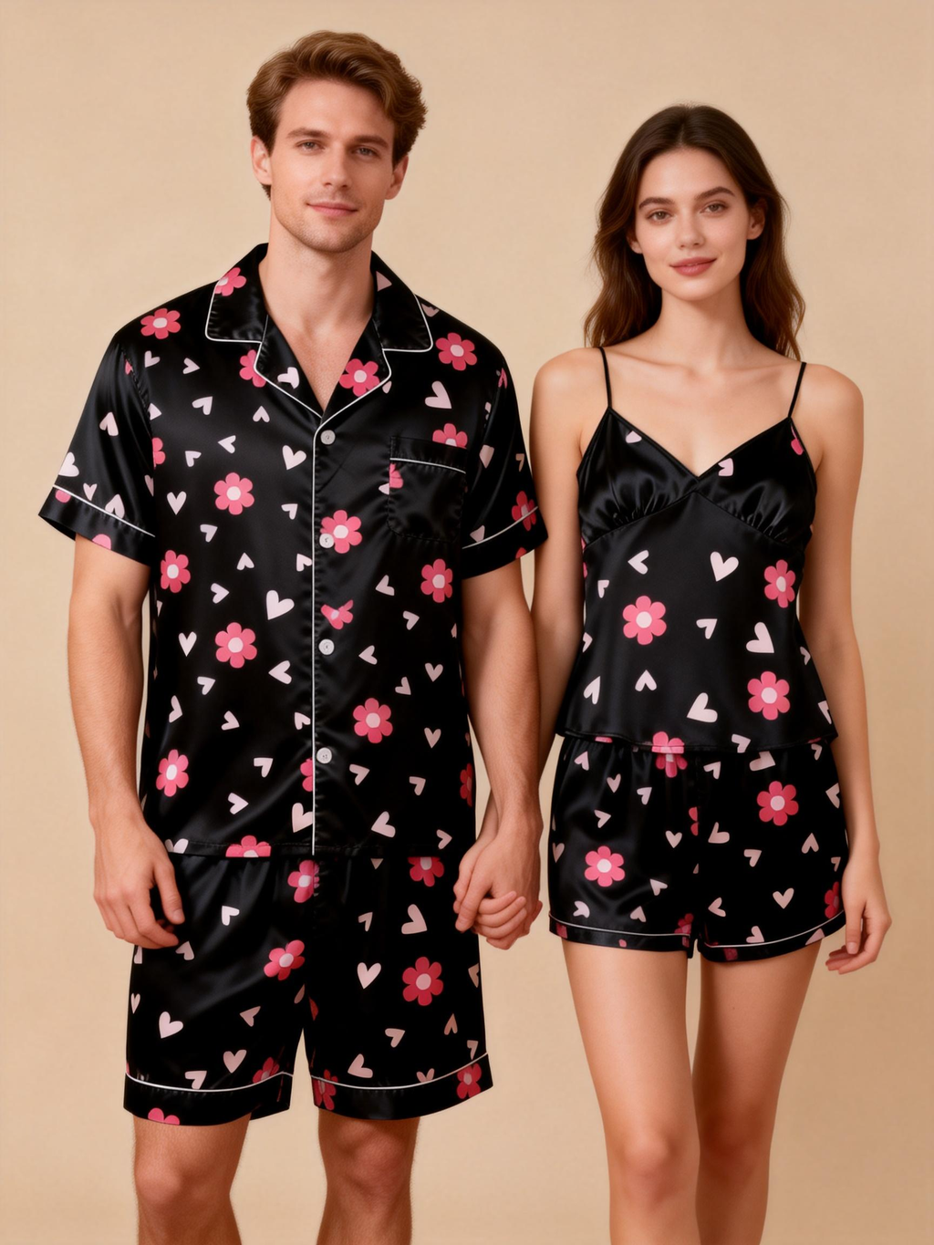 Silky Classic Couple Satin Pajamas Short Set ¨C Luxurious Matching Sleepwear