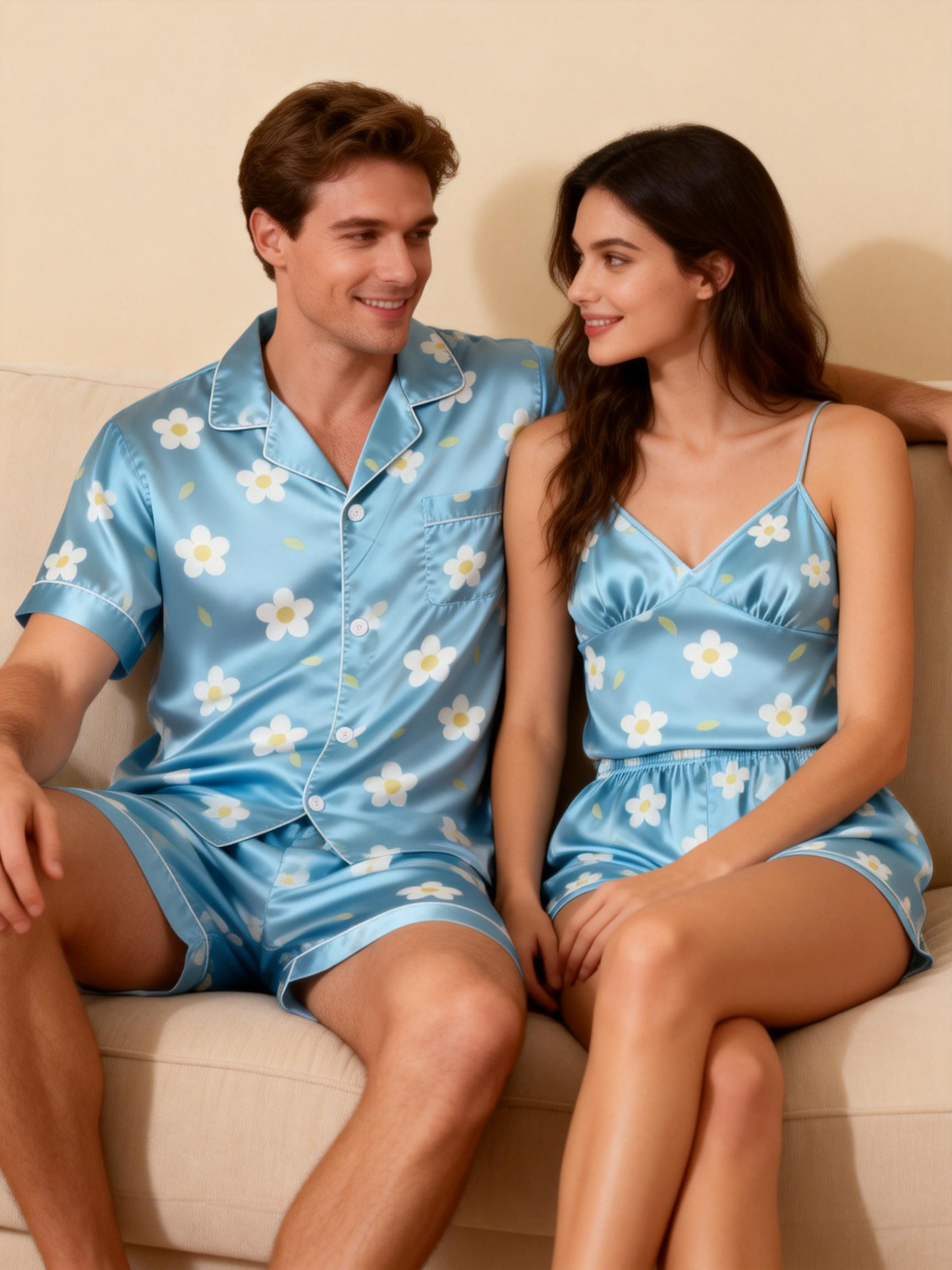 Classic Silky Couple Pajamas ¨C Satin Short Set for Relaxation