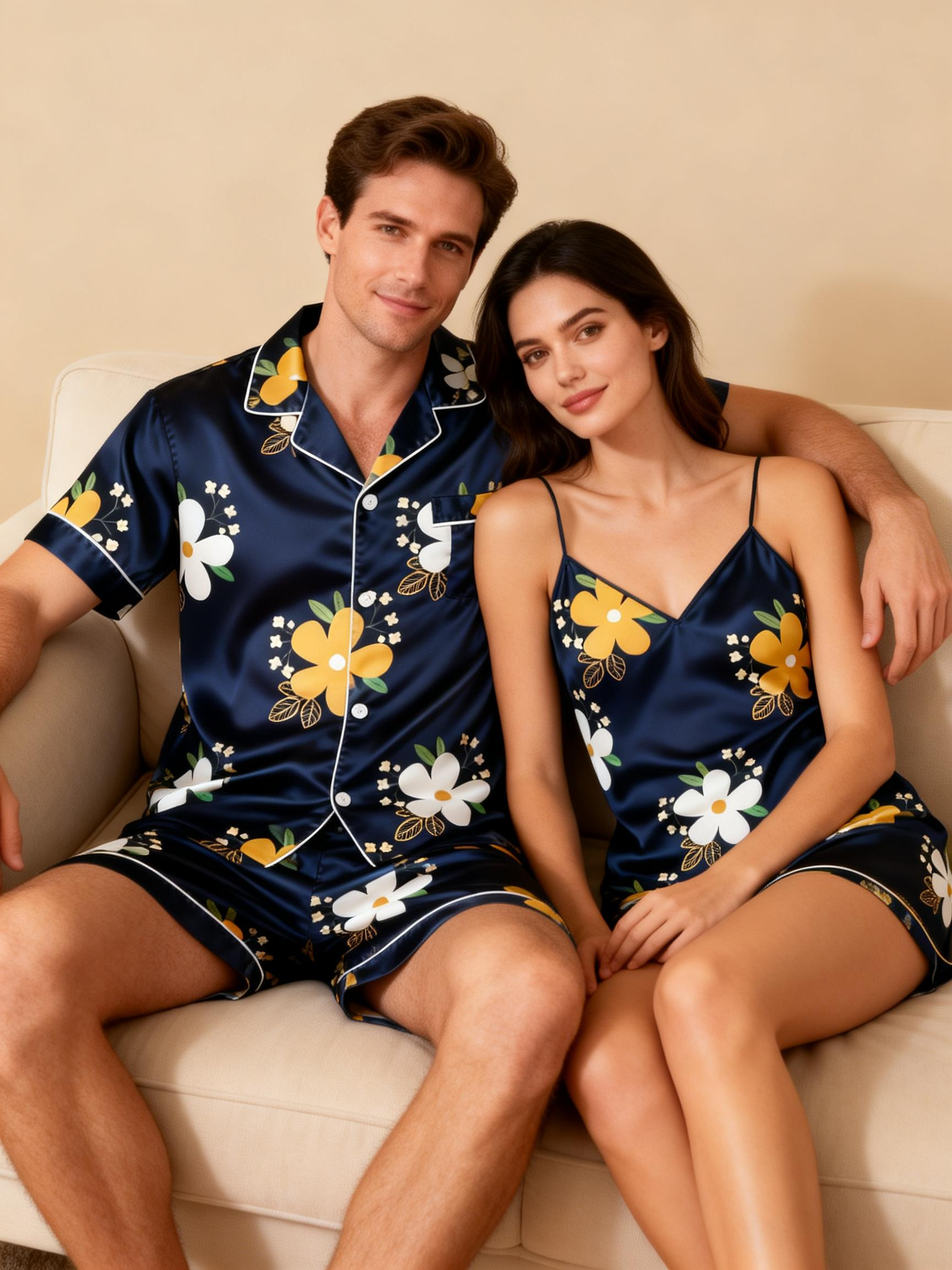 Silky Satin Pajamas for Him & Her ¨C Short Style Set