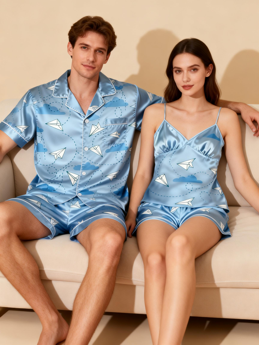 Silky Touch Classic Couple Pajamas ¨C Satin Short Set