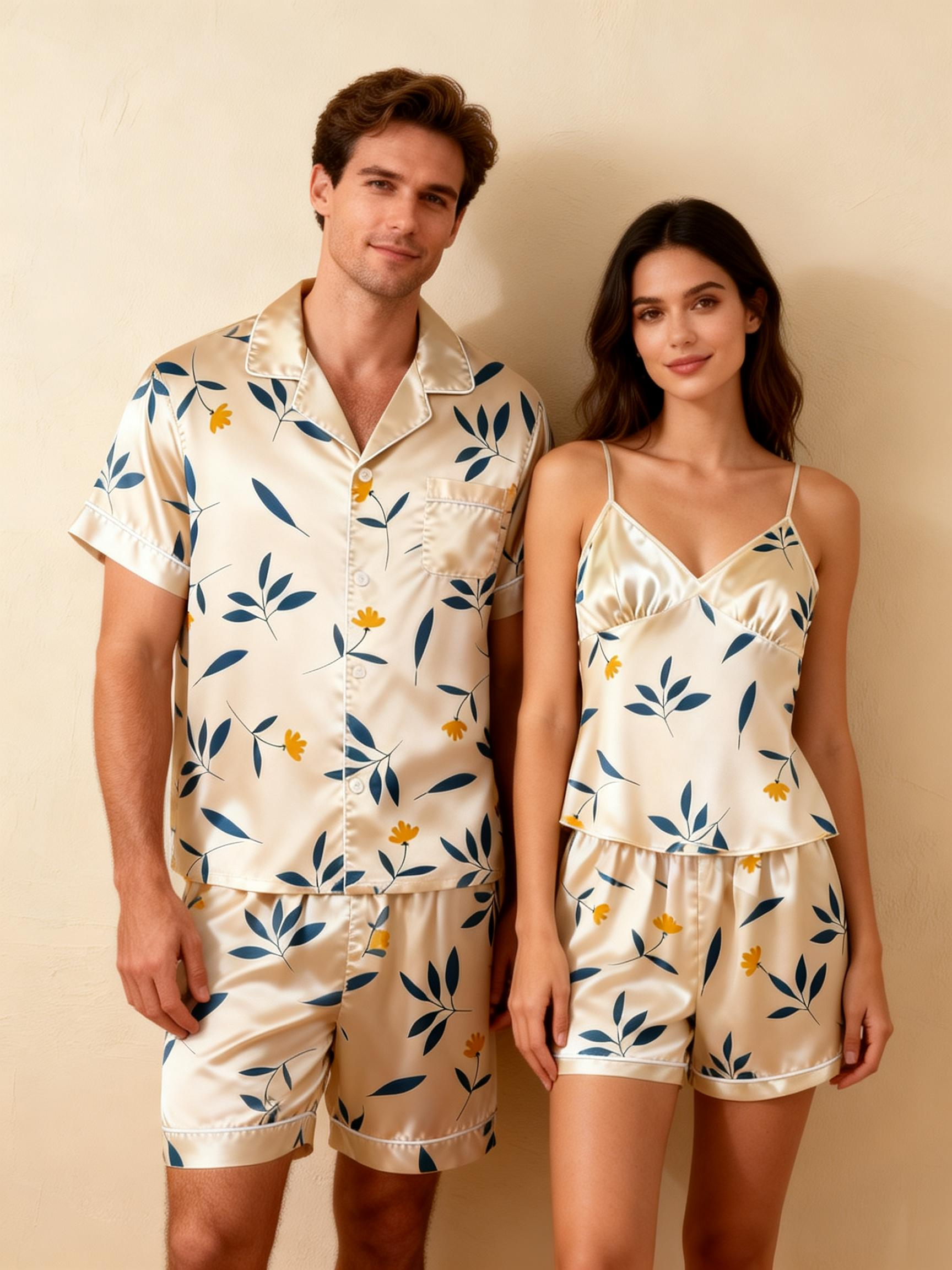 Matching Silky Pajamas for Couples ¨C Satin Short Style