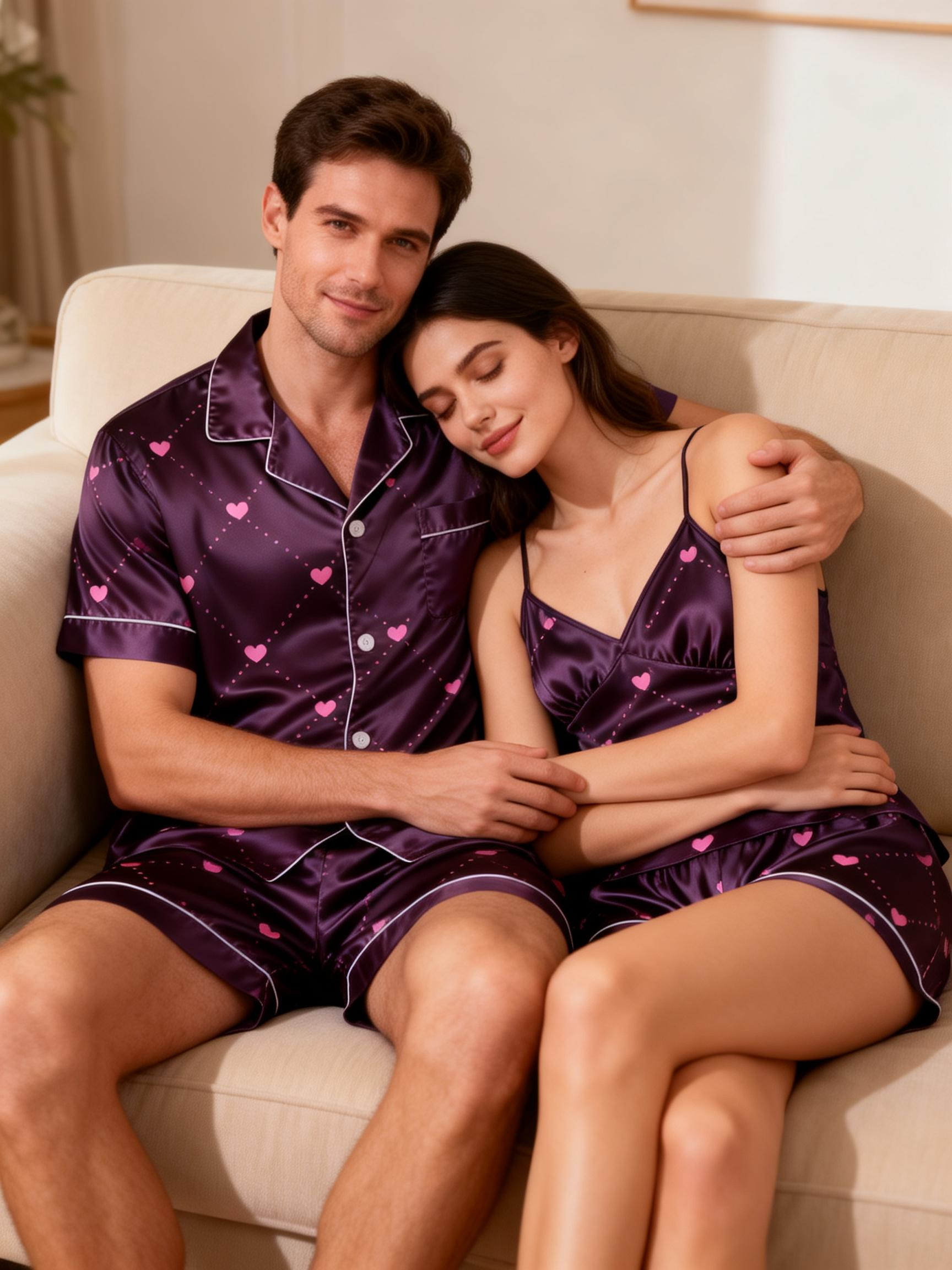 Matching Couple Satin Pajamas ¨C Short Sleeve Set for Him & Her