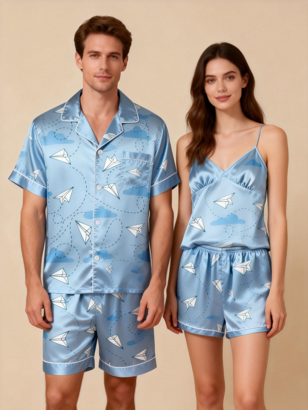 Silky Touch Classic Couple Pajamas ¨C Satin Short Set