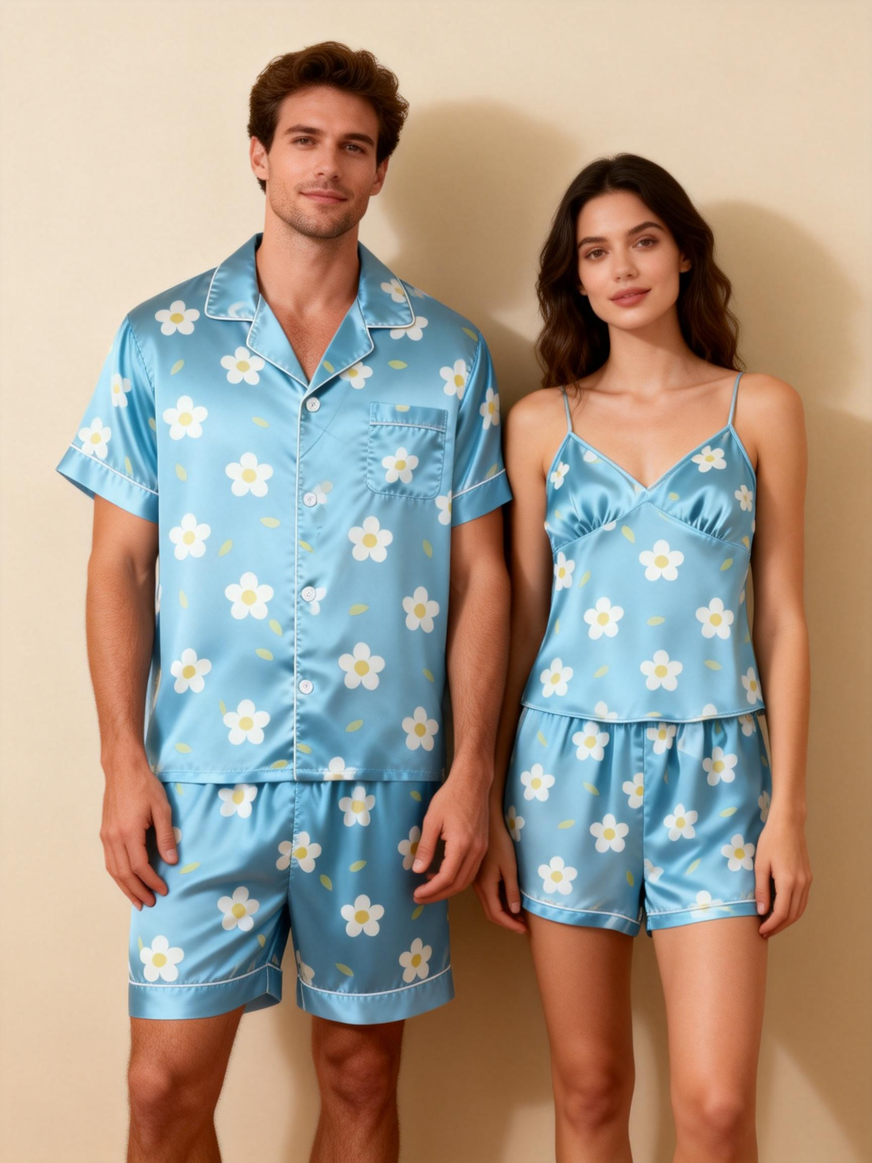 Classic Silky Couple Pajamas ¨C Satin Short Set for Relaxation