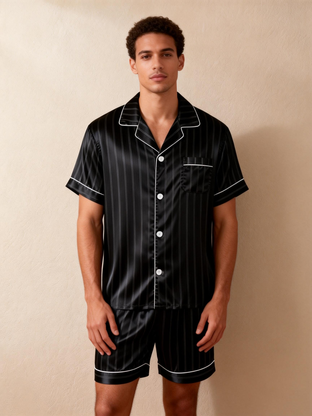 Silky Satin Striped Printed Sleep Set for Couples-Black