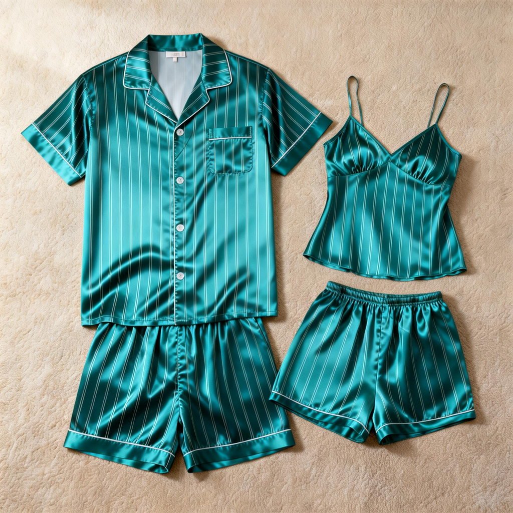 Silky Satin Striped Printed Sleep Set for Couples-Navy