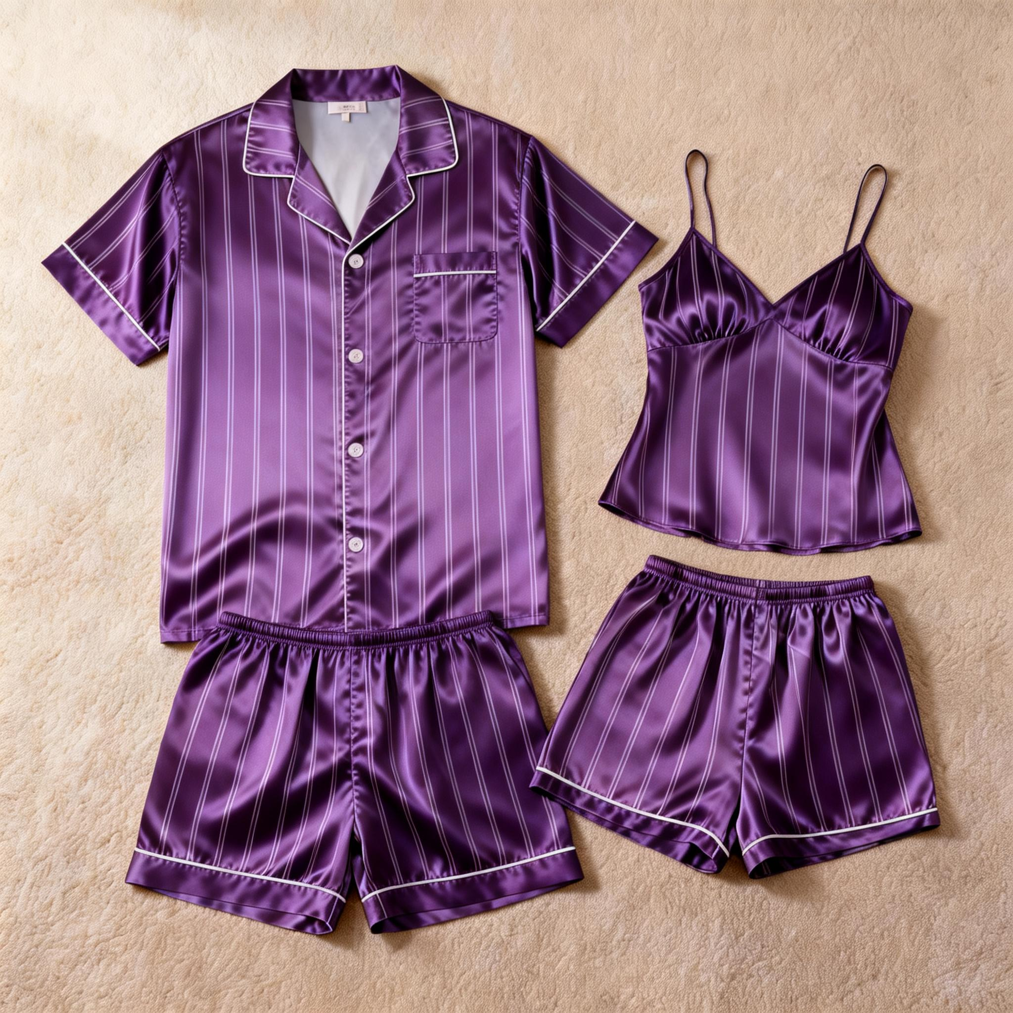 Silky Satin Striped Printed Sleep Set for Couples-Brown