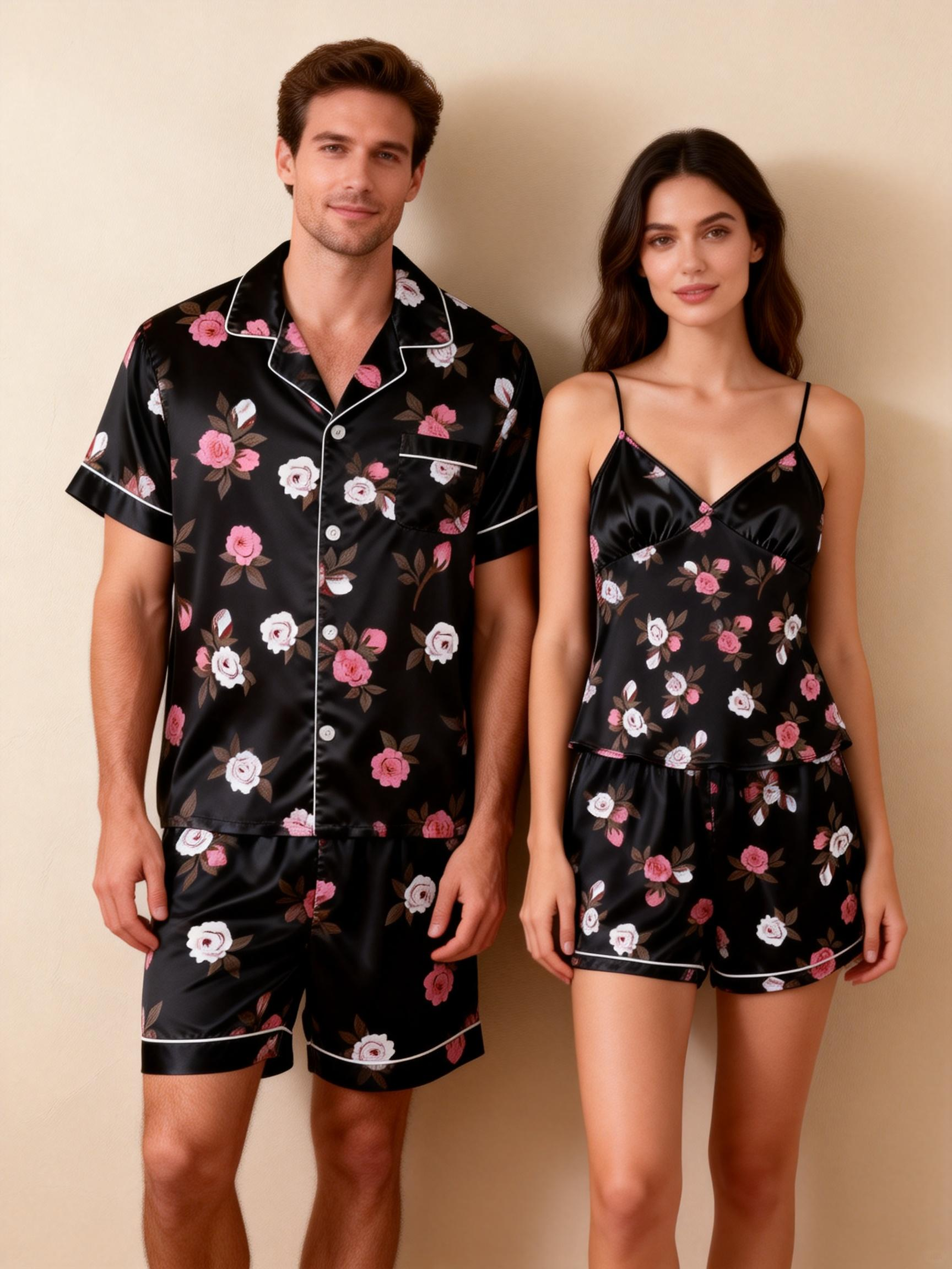 Matching Silky Sleep Set for Couples ¨C Satin Short Style