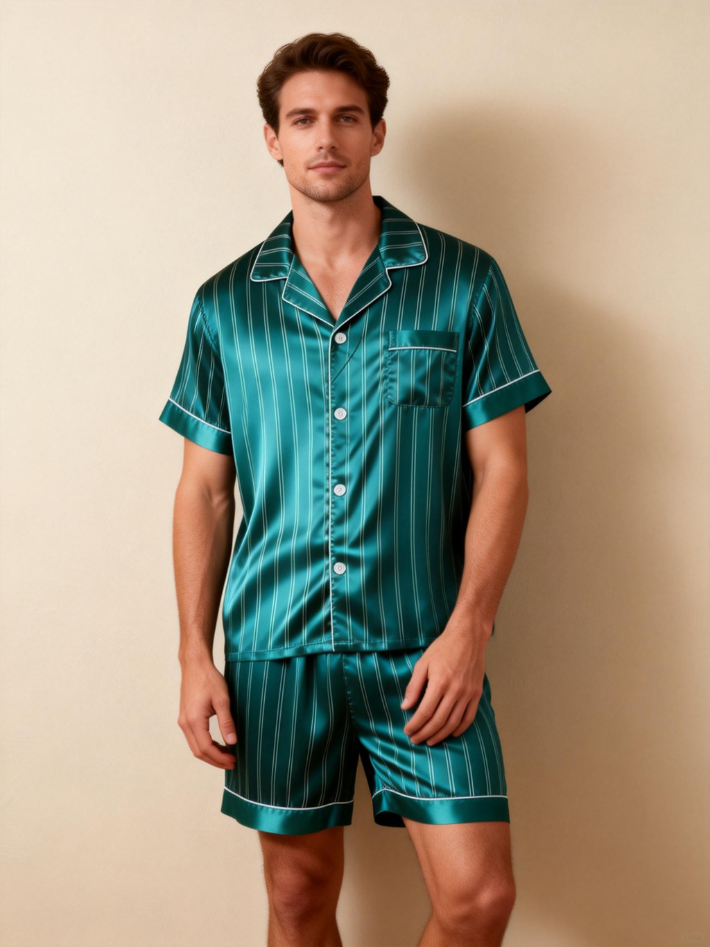 Silky Satin Striped Printed Sleep Set for Couples-Teal