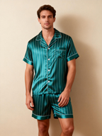 Silky Satin Striped Printed Sleep Set for Couples-Teal