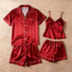 Silky Satin Striped Printed Sleep Set for Couples-Red