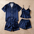 Silky Satin Striped Printed Sleep Set for Couples-Navy