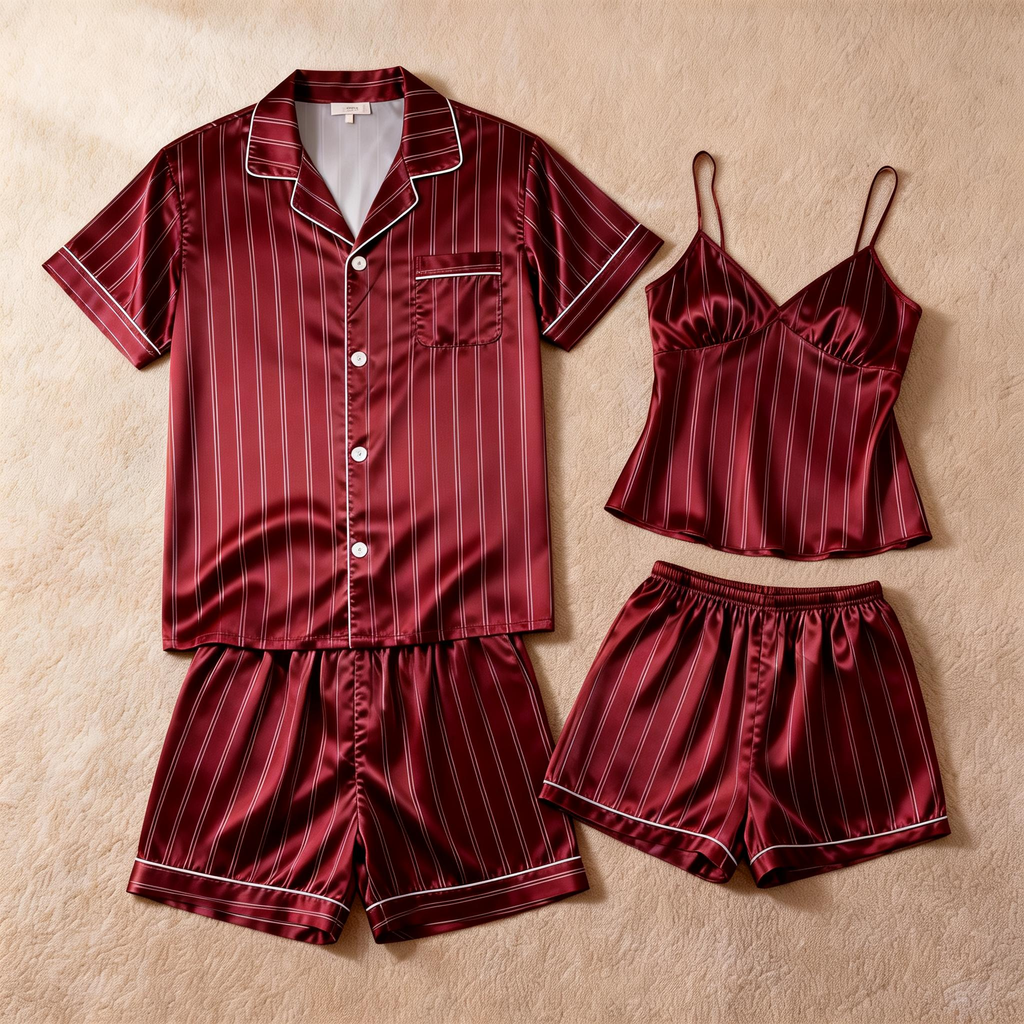 Silky Satin Striped Printed Sleep Set for Couples-Red