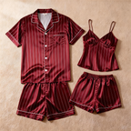 Silky Satin Striped Printed Sleep Set for Couples-Red