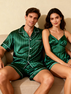 Silky Satin Striped Printed Sleep Set for Couples-Teal