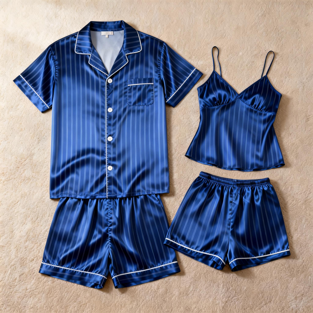 Silky Satin Striped Printed Sleep Set for Couples-Teal